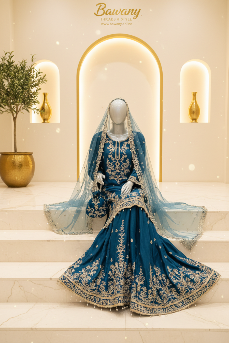 Teal Blue Bridal Sharara Set | Floral Medallion Chest & Floral Vine Panels & Pearl Tassel Hem Borders | 3-Piece Pakistani Bridal Wear | Peacock Blue Wedding Sharara | Powder Blue Dupatta | U-Placket Zardozi | Walima & Barat Collection — view 2 — Tissue by Bawany Threads & Style