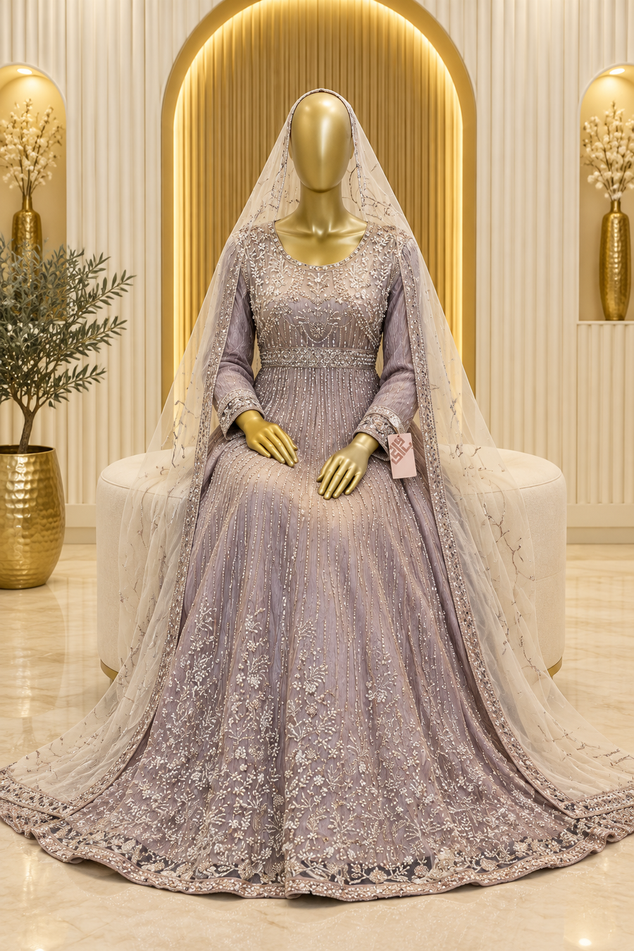 Lilac Grey Silver Bloom | Floral Embroidery & Vertical Beadwork | Pakistani Formal Flared Gown | Sheer Ivory Vine Dupatta | BAWANY Collection — view 3 — Formals by Bawany Threads & Style