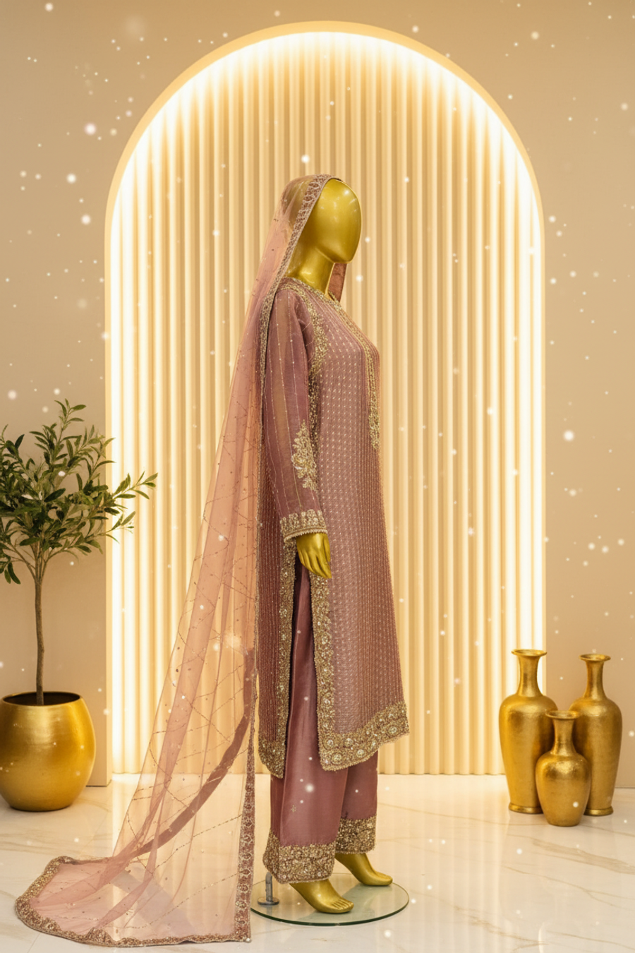 Dusty Rose Mauve Organza Gharara Set | Gold Zardozi Pendant Motif & Sequin Embroidery — view 2 — Bridal by Bawany Threads & Style