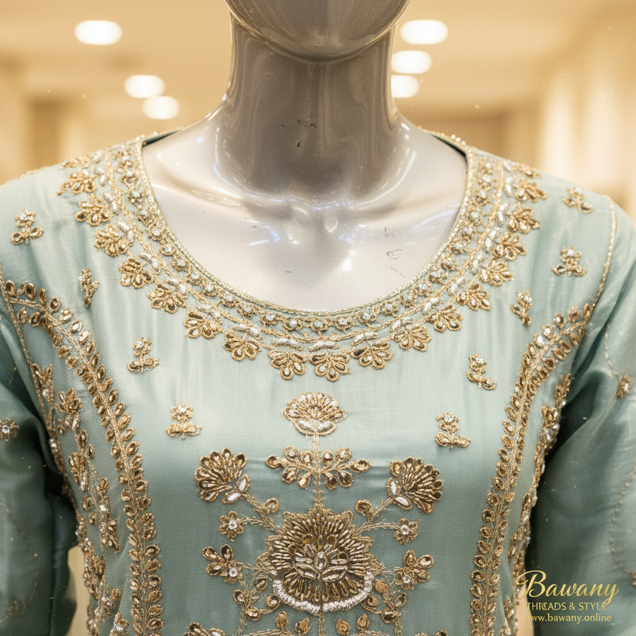 Teal Bridal Anarkali Gown | Silver Zardozi Sunflower Medallion & Scalloped Cuffs | 2-Piece Pakistani Formal Wear | Sage Blue-Green Wedding Gown | Walima & Barat Collection — view 4 — Organza by Bawany Threads & Style