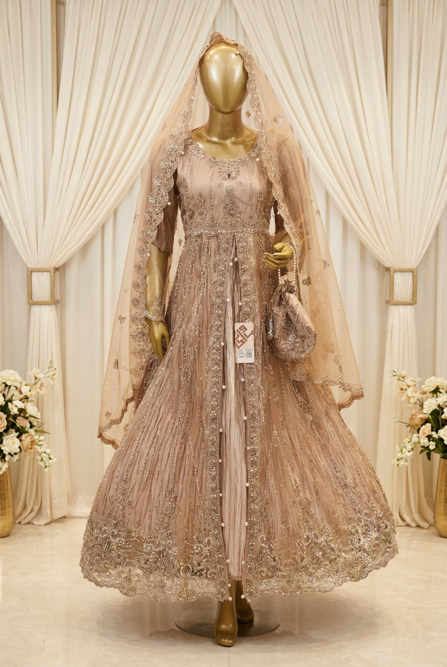 Blush Taupe Pearl Cascade | Floral Embroidery & Scalloped Hem | Pakistani Formal Open-Front Gown | Champagne Dupatta & Matching Potli | BAWANY Collection — view 2 — Organza by Bawany Threads & Style