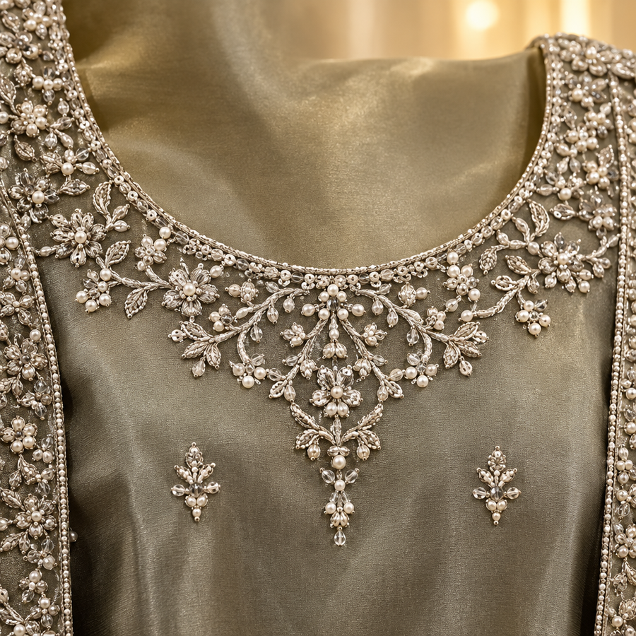 Smoky Olive Grey Formal Ensemble | Silver-Embroidered Open Jacket & Kameez | Pakistani Formal Wear | Ivory-Gold Veil & Matching Potli | Formal Collection — Tissue by Bawany Threads & Style