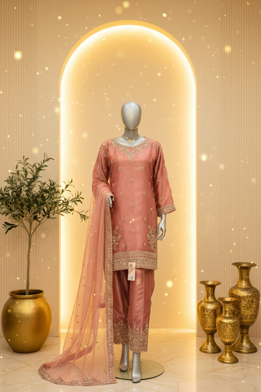 Dusty Rose Silk Organza Bridal Suit | Gold Zardozi Embroidery & Pearl Crystal Booti — view 2 — Bridal by Bawany Threads & Style
