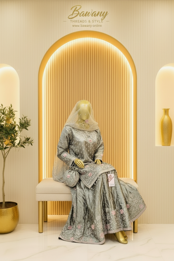 Grey Sage Floral Embroidered | Silver & Pink Floral Threadwork | 3-Piece Pakistani Formal Suit | Sheer Veil & Potli Bag | Festive Collection — Tissue by Bawany Threads & Style