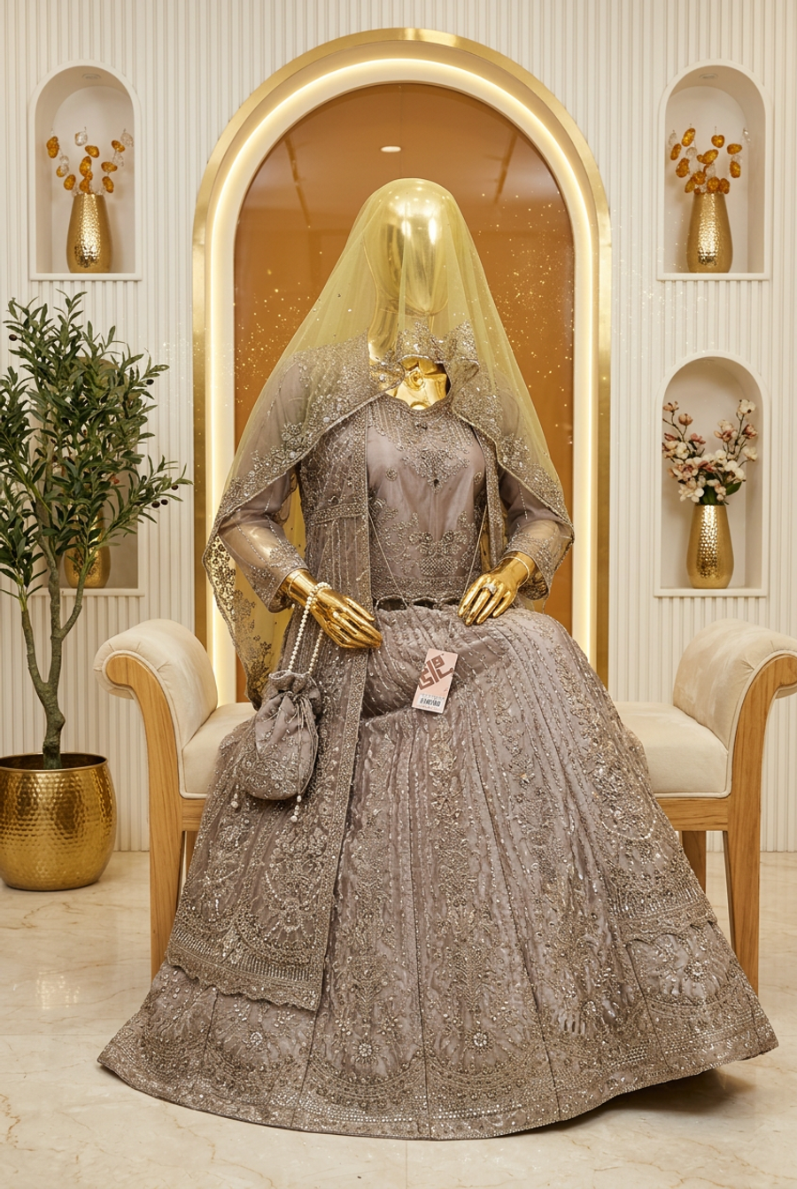 Taupe Grey Royal Bloom | Metallic Floral Overlay & Embroidered Flared Skirt | Pakistani Formal Ensemble | Sheer Veil & Matching Potli | BAWANY Collection — view 2 — Organza by Bawany Threads & Style