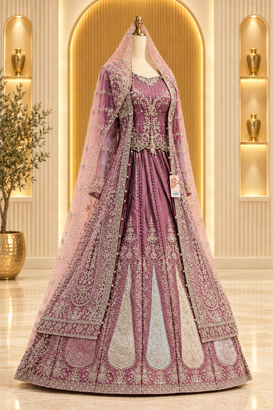 Plum Mauve Formal Gown | Silver-Gold Floral & Paisley Embroidery | 3 Piece Pakistani Formal Maxi | Mint & Ivory Teardrop Panels | Formal Collection — view 4 — Formals by Bawany Threads & Style