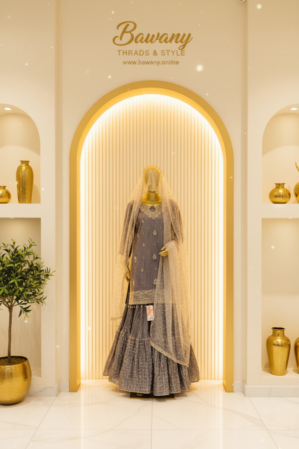 Steel Grey Bridal Sharara Set | Silver Zardozi Teardrop Motifs & Pearl Drop Hem Border | 3-Piece Pakistani Formal Wear | Slate Grey Wedding Sharara | Cream Dupatta | Walima & Nikah Collection — Formals by Bawany Threads & Style