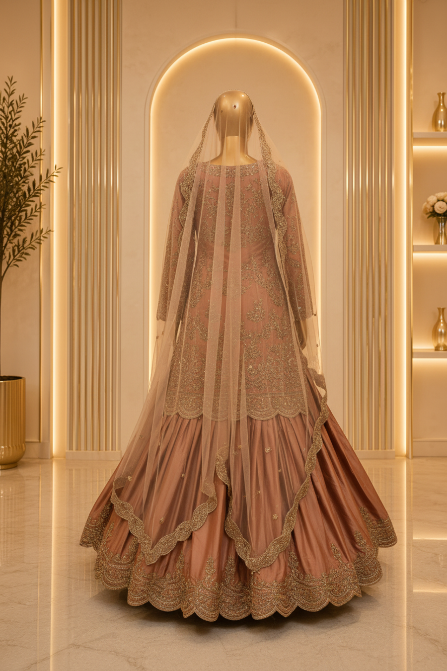 Copper Rose Gold Zardozi Gharara Set with Champagne Dupatta & Potli Bag — view 3 — Bridal by Bawany Threads & Style