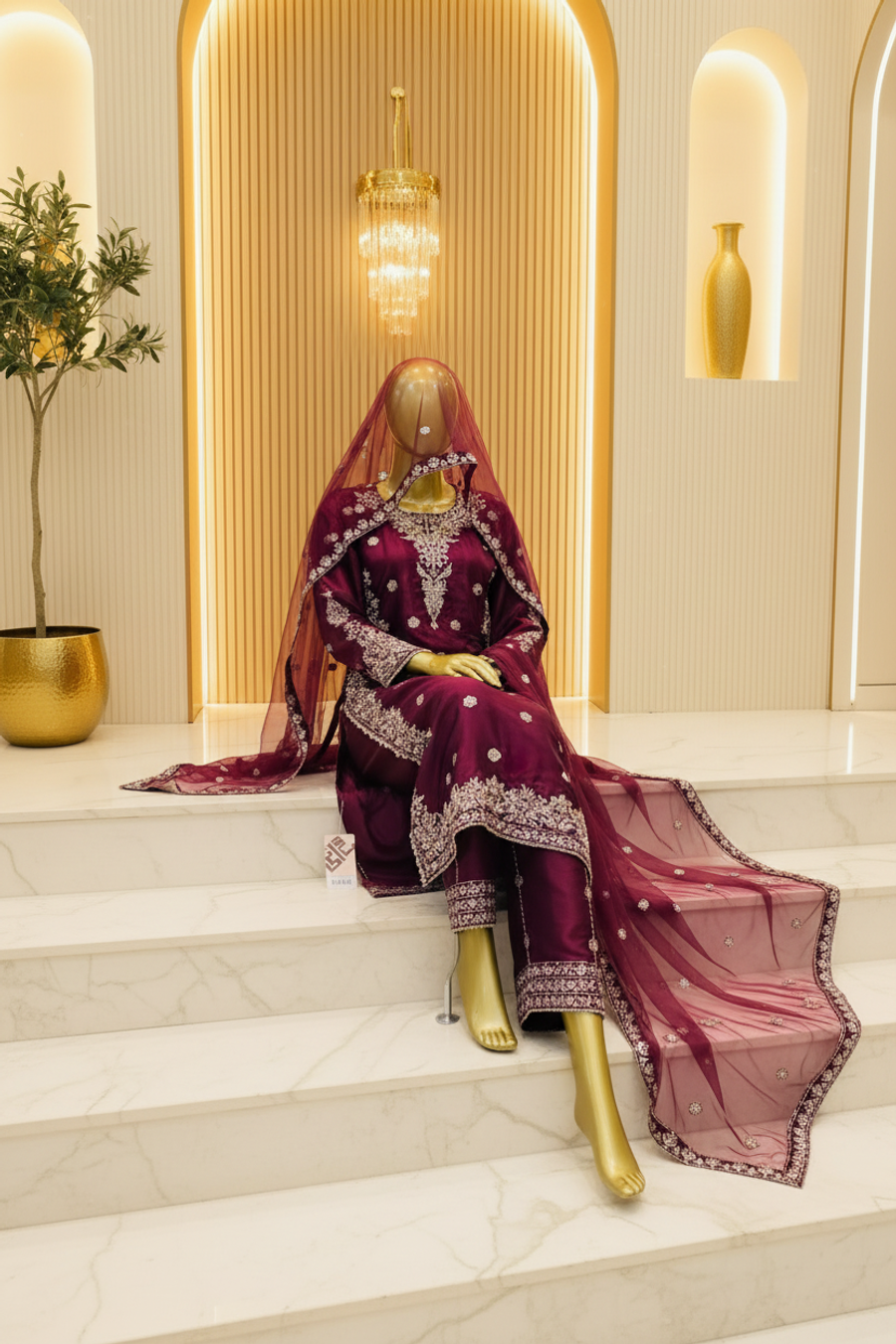 Deep Maroon Floral Embroidered | Silver & Blush-Pink Threadwork | 3-Piece Pakistani Bridal Formal Suit | Sheer Dupatta & Ornate Trouser Borders | Barat & Walima Collection — view 4 — Net by Bawany Threads & Style