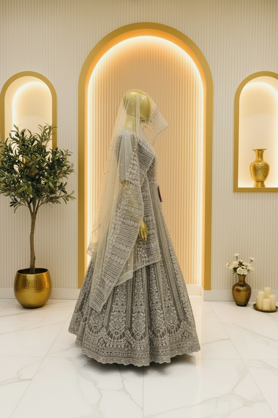 Charcoal Silver Embroidered Dress | Floral & Vertical Panel Work | Pakistani Formal Occasion Wear | Sheer Embroidered Veil | BAWANY Collection — view 2 — Bridal by Bawany Threads & Style