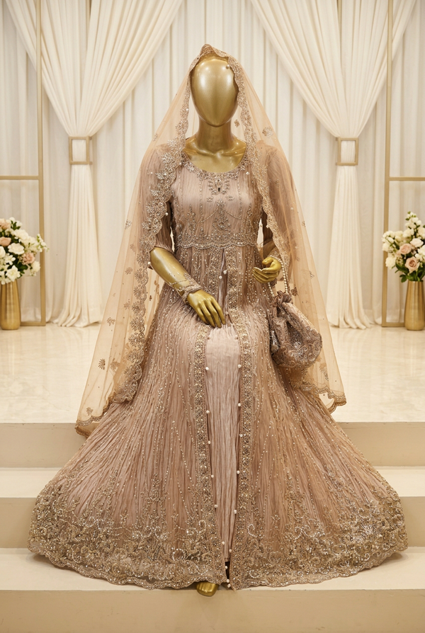 Blush Taupe Pearl Cascade | Floral Embroidery & Scalloped Hem | Pakistani Formal Open-Front Gown | Champagne Dupatta & Matching Potli | BAWANY Collection — Organza by Bawany Threads & Style