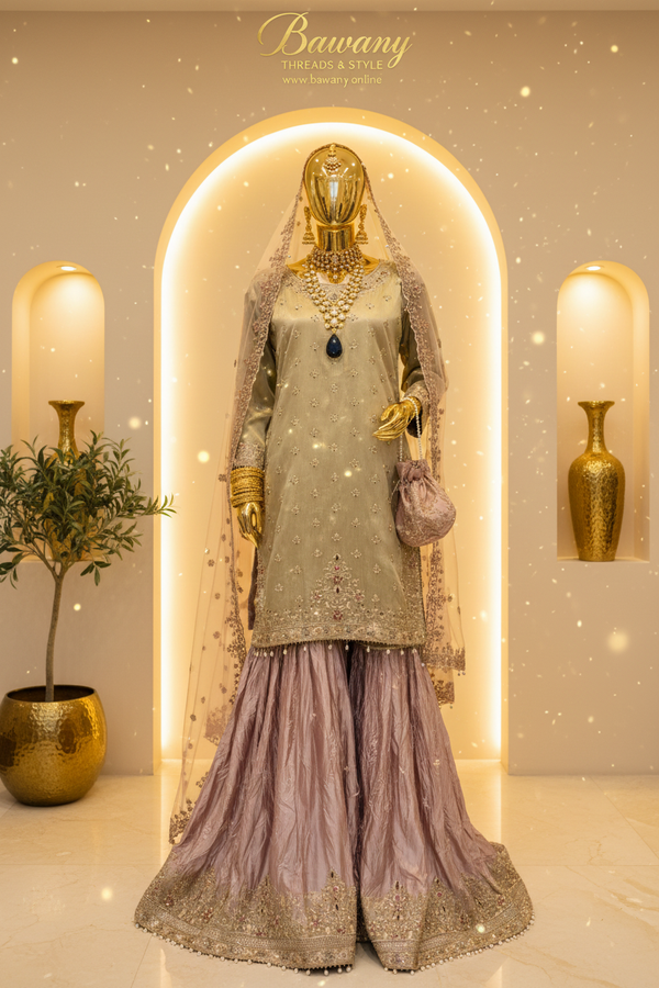 Olive & Mauve Two-Tone Bridal Gharara Set | Gold Zardozi Star Motifs & Pearl Drop Fringe | 3-Piece Pakistani Formal Suit | Sage Green & Lilac Pink | Walima & Barat Collection — Formals by Bawany Threads & Style