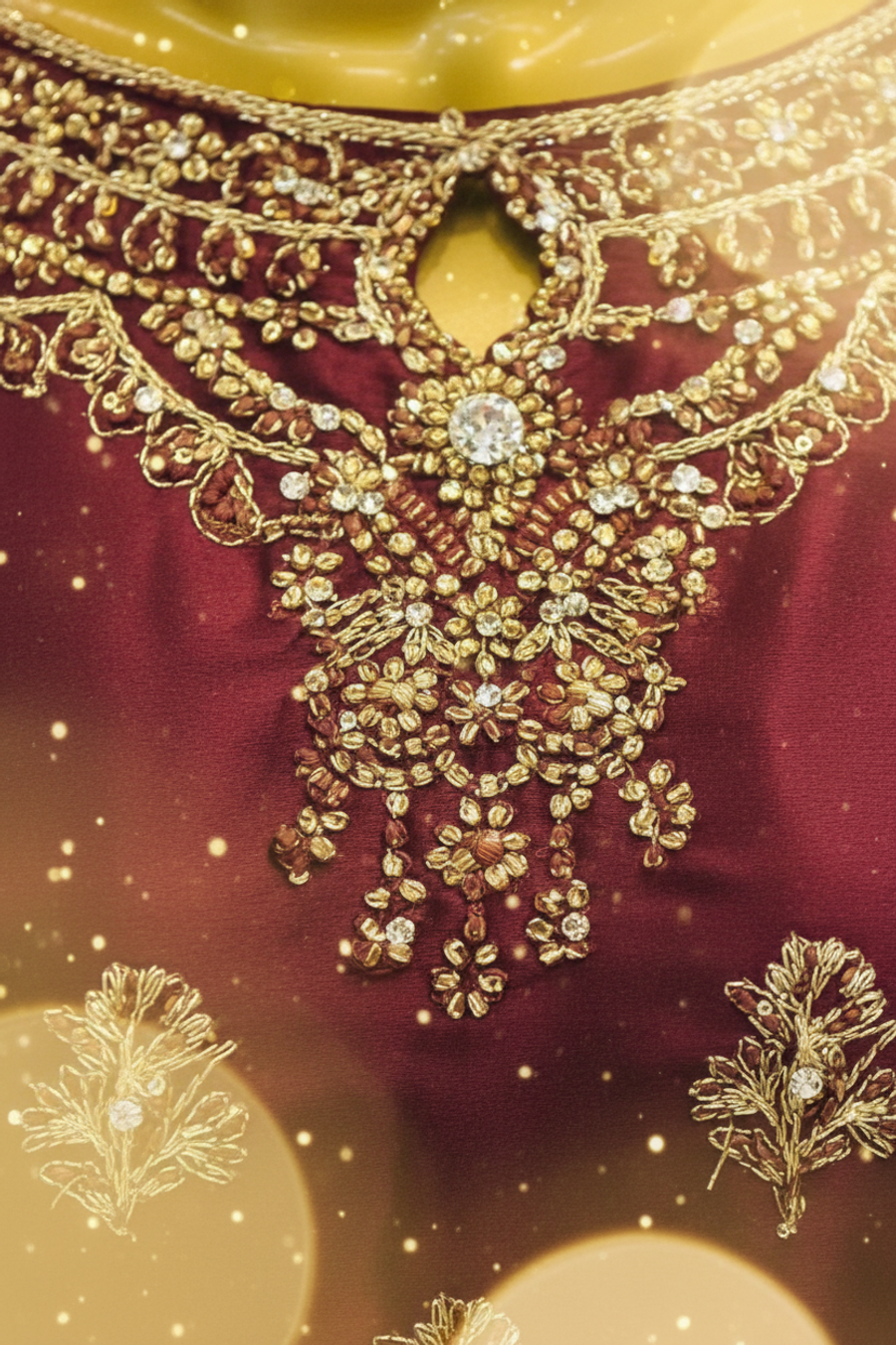 Deep Plum Wine Silk Anarkali Gown | Gold Silver Floral Booti & Matching Veil — view 3 — Bridal by Bawany Threads & Style