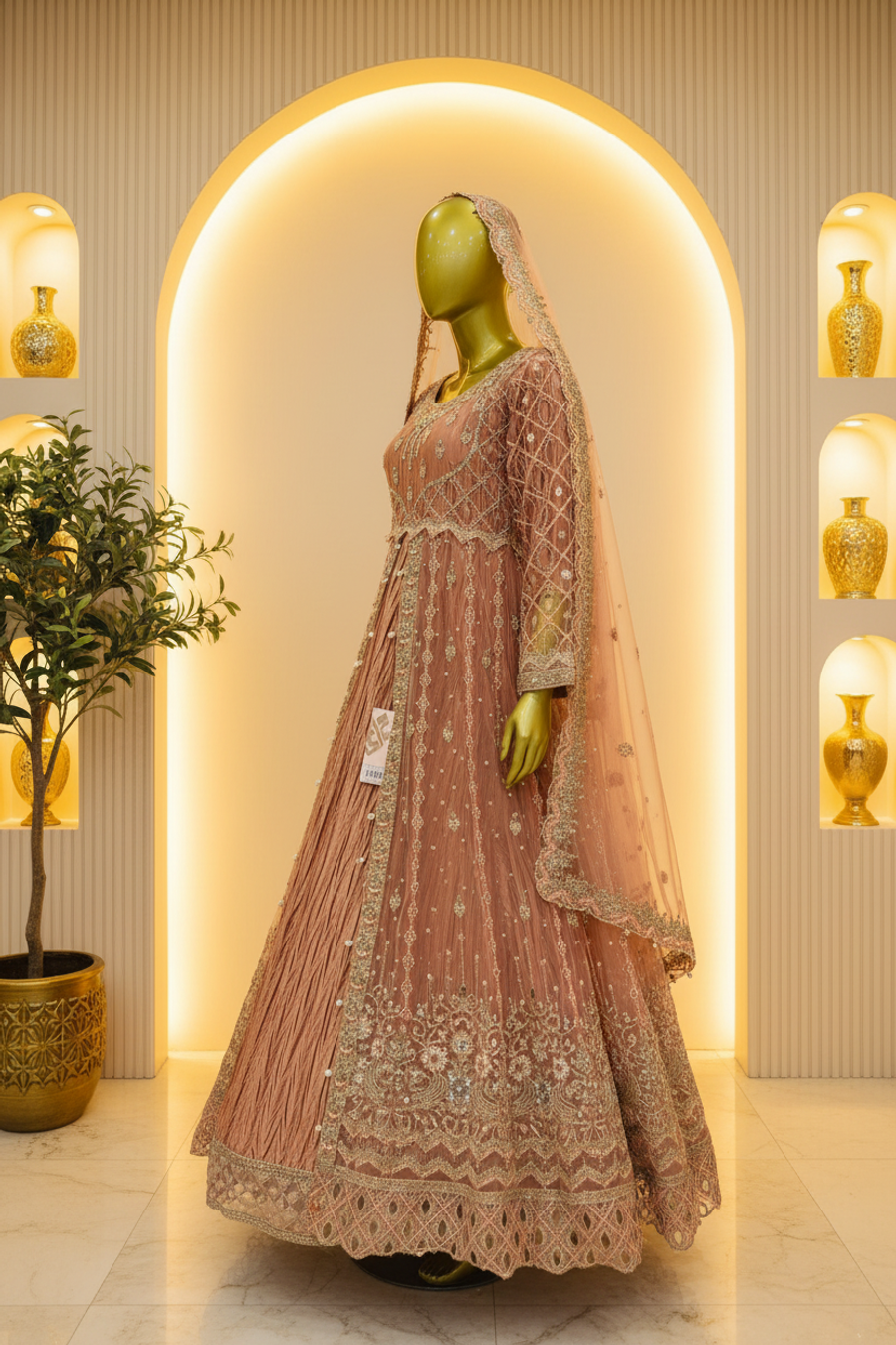 Peach-Rose Heavy Embroidered Bridal Anarkali | Gold Zari & Crystal Work — view 2 — Bridal by Bawany Threads & Style