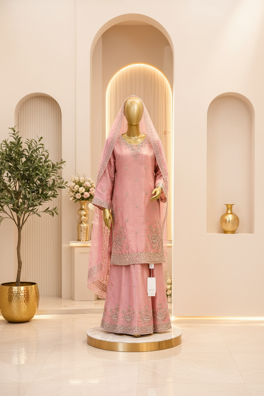 Blush Pink Straight-Cut Suit | Silver-Gold Sequin Neckline & Hem Work | 3-Piece Pakistani Formal Occasion Suit | Sheer Matching Dupatta | BAWANY Collection — Organza by Bawany Threads & Style