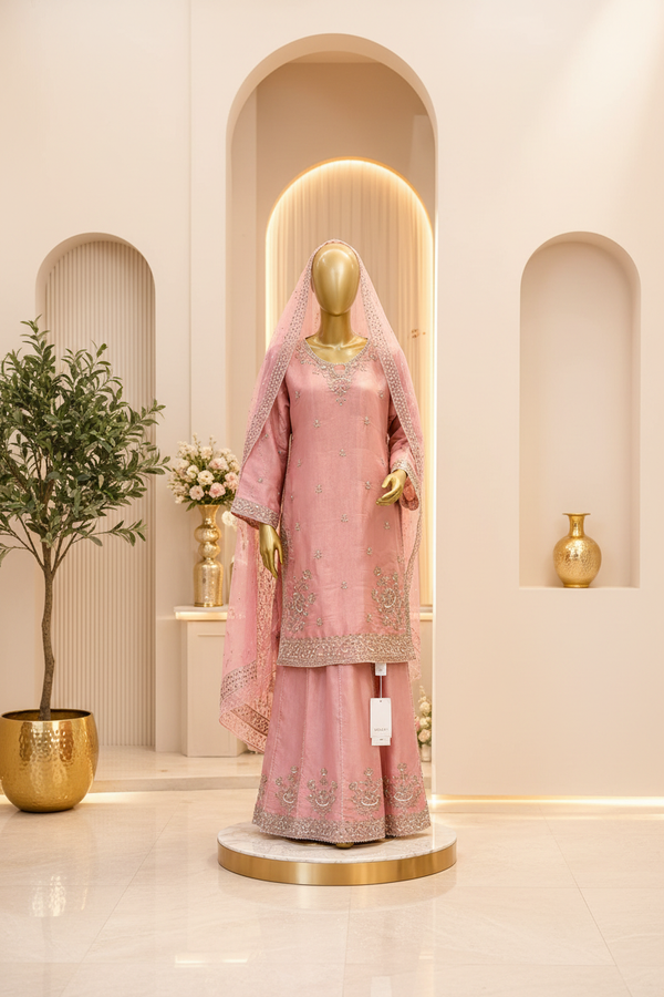 Blush Pink Straight-Cut Suit | Silver-Gold Sequin Neckline & Hem Work | 3-Piece Pakistani Formal Occasion Suit | Sheer Matching Dupatta | BAWANY Collection — Organza by Bawany Threads & Style