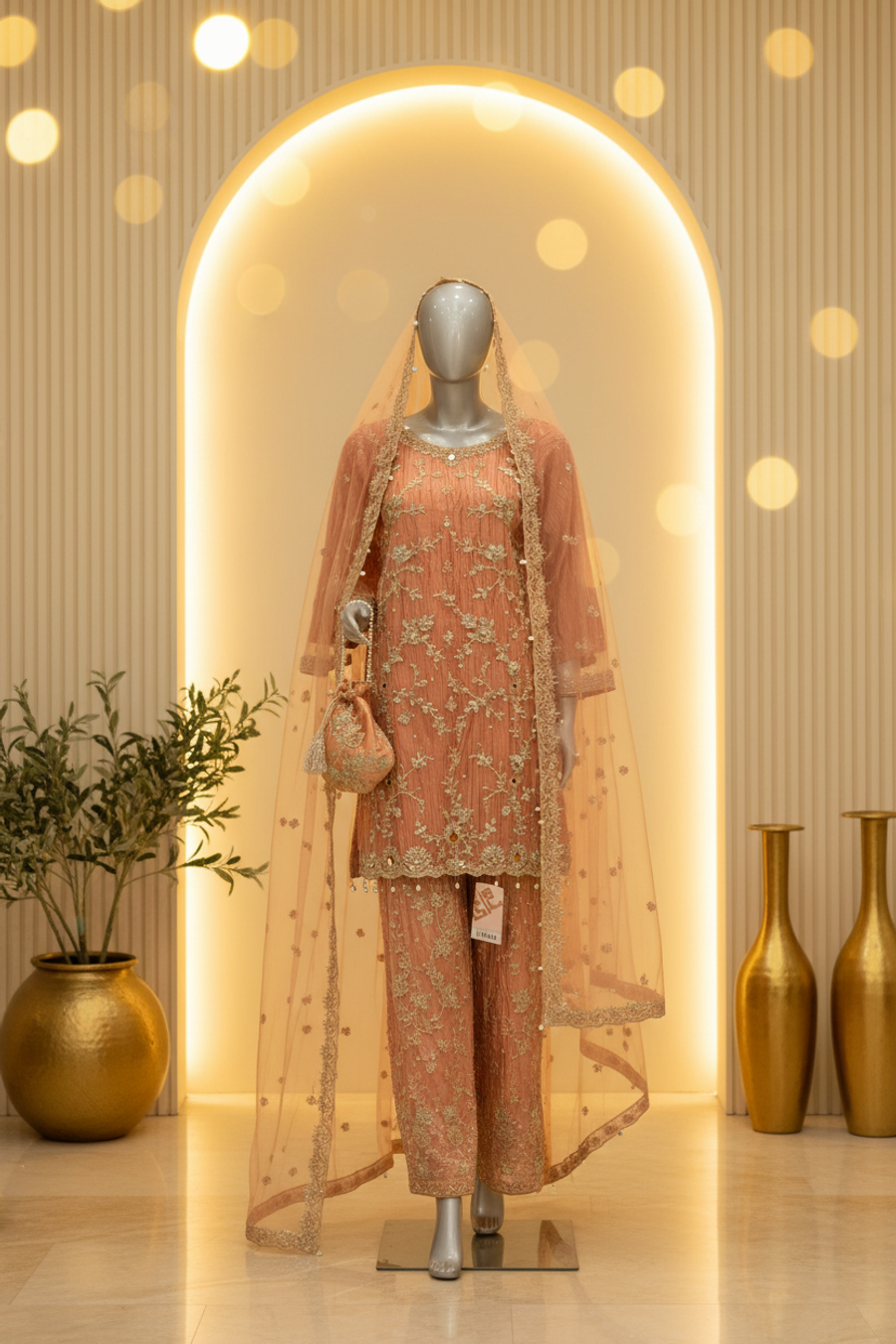 Peach Salmon Crushed Net Gharara Set | Gold Silver Embroidery Mirror Work & Potli Bag — view 4 — Bridal by Bawany Threads & Style