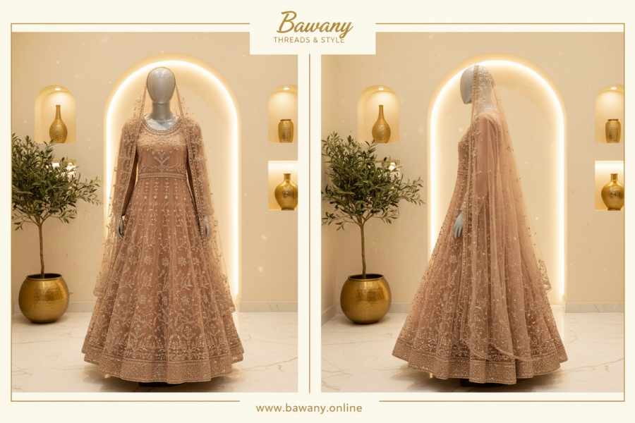 Rose Gold Bridal Anarkali Gown | Silver Zardozi Vine Embroidery & Spaced Floral Spray Motifs | 2-Piece Pakistani Formal Wear | Dusty Rose Wedding Gown | Matching Champagne Dupatta | Walima & Nikah Collection — view 2 — Net by Bawany Threads & Style