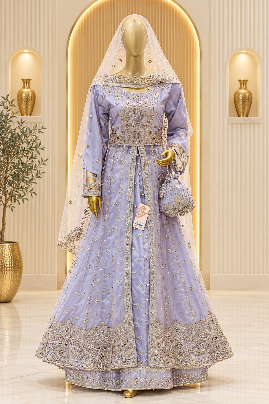 Lavender Moonlight Layered Dress | Metallic Floral Embroidery & Scalloped Hem | Front-Open Flared Silhouette | Sheer Veil & Matching Potli | BAWANY Threads & Style — view 2 — Chiffon by Bawany Threads & Style