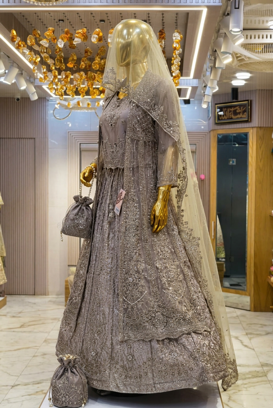 Taupe Grey Royal Bloom | Metallic Floral Overlay & Embroidered Flared Skirt | Pakistani Formal Ensemble | Sheer Veil & Matching Potli | BAWANY Collection — view 3 — Organza by Bawany Threads & Style