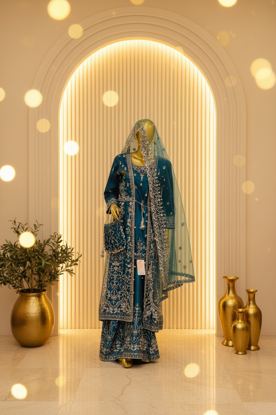 Teal Peacock Blue Silk Gharara Set | Silver Zardozi Floral Vine & Pearl Pendant Neckline — view 2 — Bridal by Bawany Threads & Style