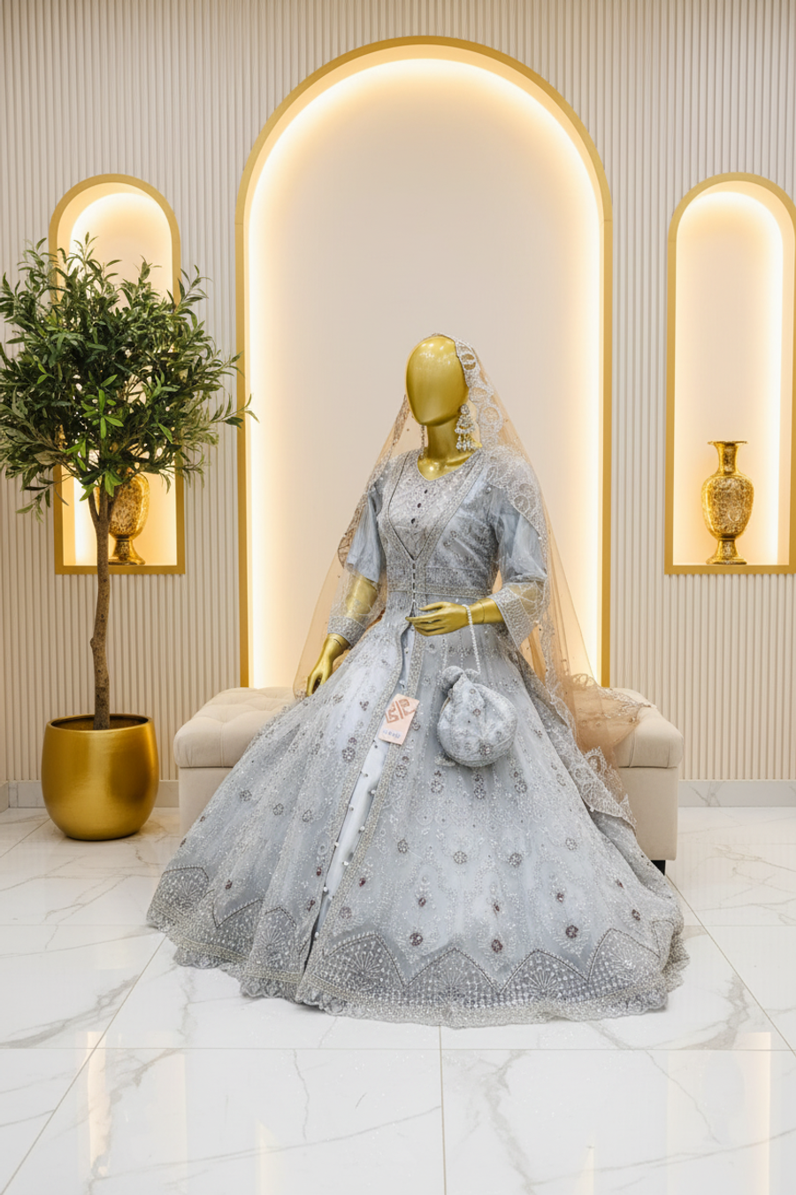 Pale Silver Embroidered Bridal Dress | Floral & Geometric Silverwork | Pakistani Formal Wear | Matching Veil & Potli | Wedding Collection — view 3 — Formals by Bawany Threads & Style