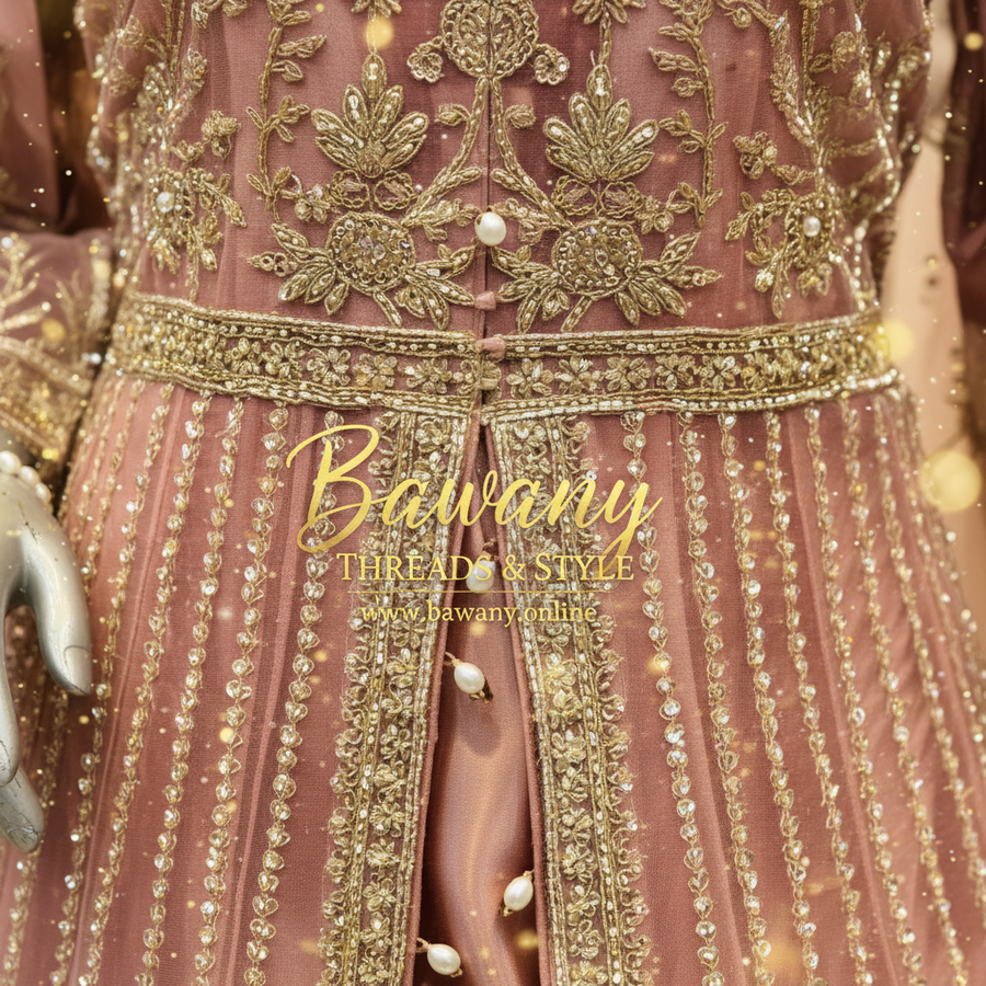 Dusty Rose Open Front Anarkali Gown | Gold Zardozi Arch Motifs & Pearl Button Belt | 3-Piece Pakistani Bridal Suit | Antique Pink Formal Wear | Barat & Walima Collection — view 2 — Net by Bawany Threads & Style