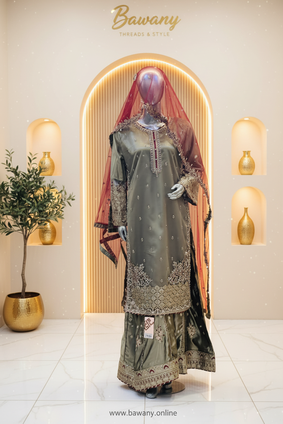 Olive Green Bridal Sharara Set | Fleur-de-Lis Motifs & Diamond Lattice Zardozi Borders | 3-Piece Pakistani Bridal Wear | Khaki Green Wedding Sharara | Contrasting Maroon Dupatta | Walima & Nikah Collection — view 3 — Chiffon by Bawany Threads & Style