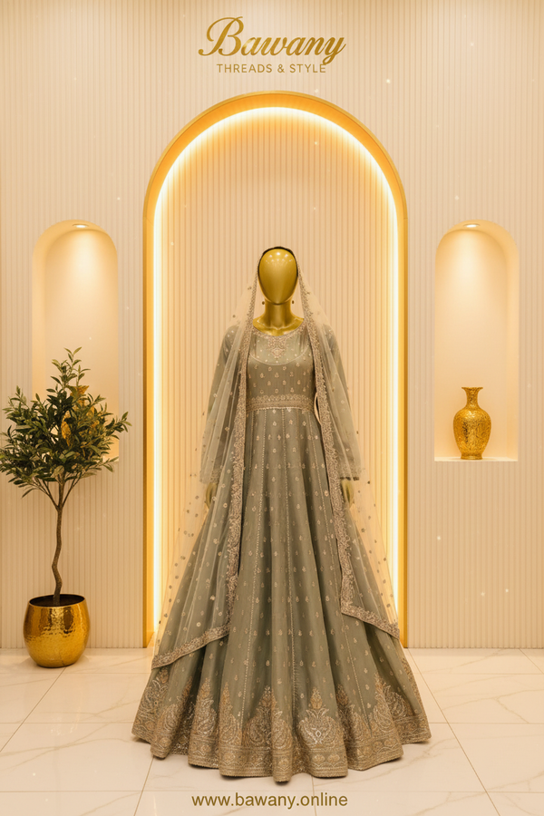 Sage Green Bridal Anarkali Frock | Delicate Chest Motif & Wide Gold Waistband & Panel Seam Lines | 2-Piece Pakistani Bridal Wear | Dusty Sage Silk Organza Frock | Scattered Floral Bouquet Motifs | Ornate Hem Border | Off-White Dupatta | Nikah & Walima Collection — Formals by Bawany Threads & Style