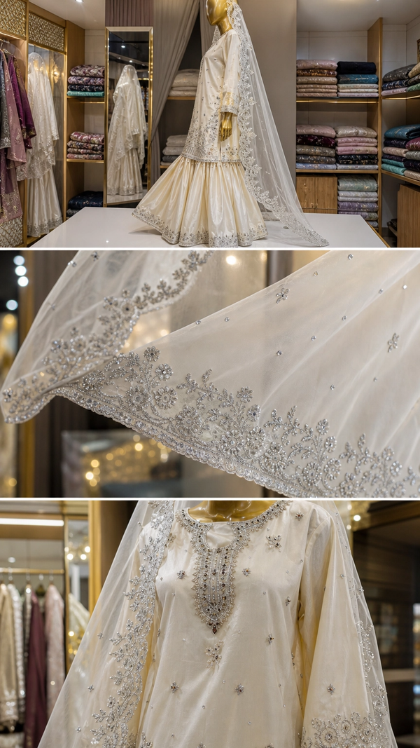 Ivory Pearl Gharara Set – Silver Embroidered Bridal 3-Piece — Bridal by Bawany Threads & Style