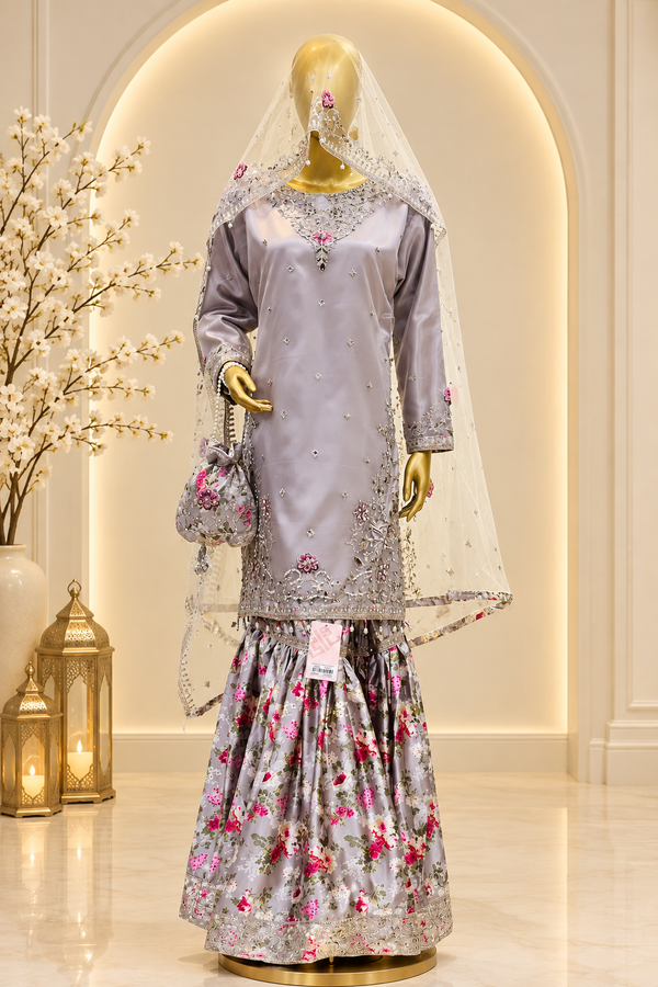 Lilac Grey Embroidered Ensemble | Floral Kameez & Printed Flared Trousers | Pakistani Formal Outfit | Sheer Floral Dupatta & Potli | BAWANY Collection — Bridal by Bawany Threads & Style