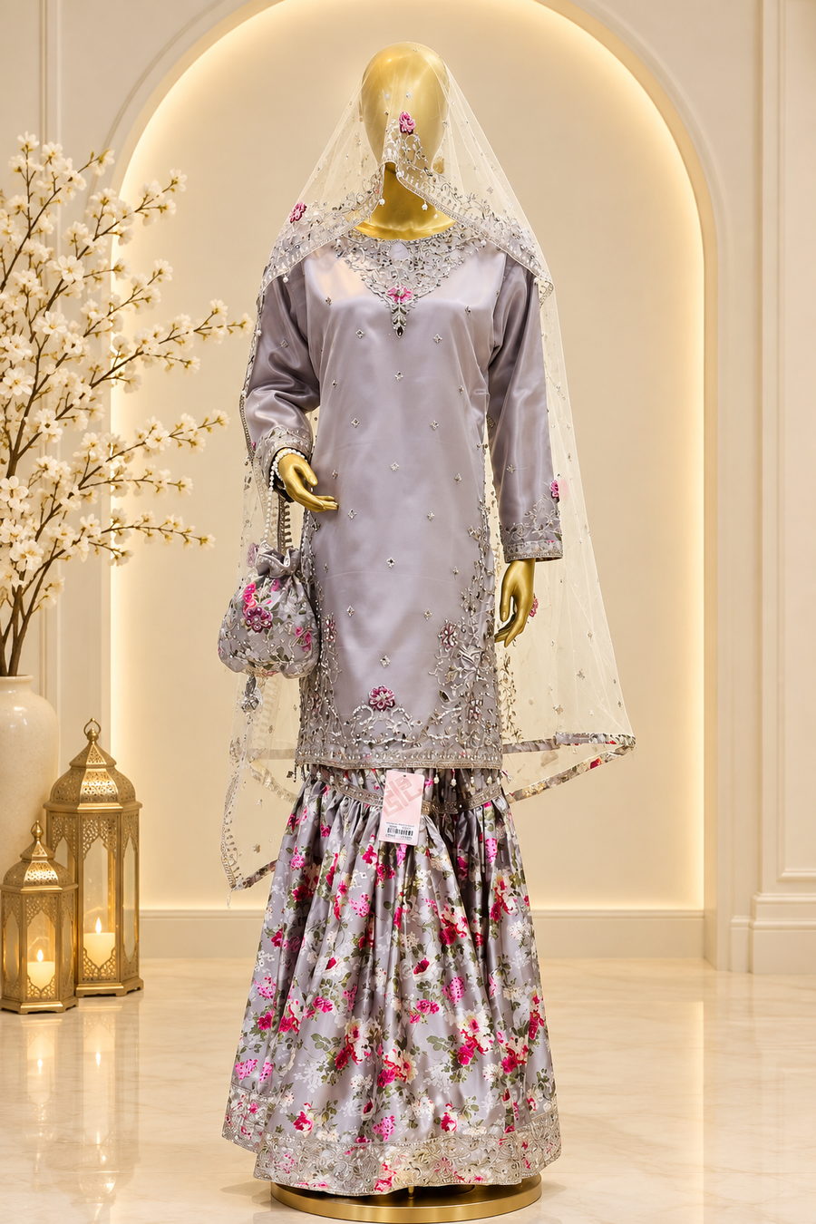 Lilac Grey Embroidered Ensemble | Floral Kameez & Printed Flared Trousers | Pakistani Formal Outfit | Sheer Floral Dupatta & Potli | BAWANY Collection — Bridal by Bawany Threads & Style