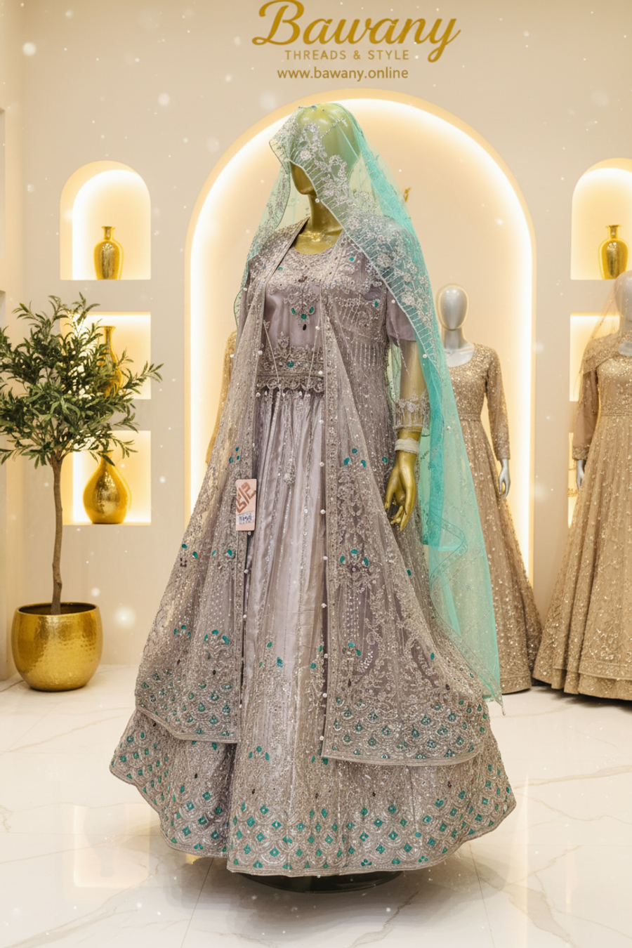 Silver Grey Bridal Anarkali Gown | All-Over Silver Zardozi & Emerald Green Mirror Embellishments | 2-Piece Pakistani Formal Wear | Dove Grey Wedding Gown | Pearl Waistband Drops | Mint Green Dupatta | Walima Collection — view 3 — Bridal by Bawany Threads & Style