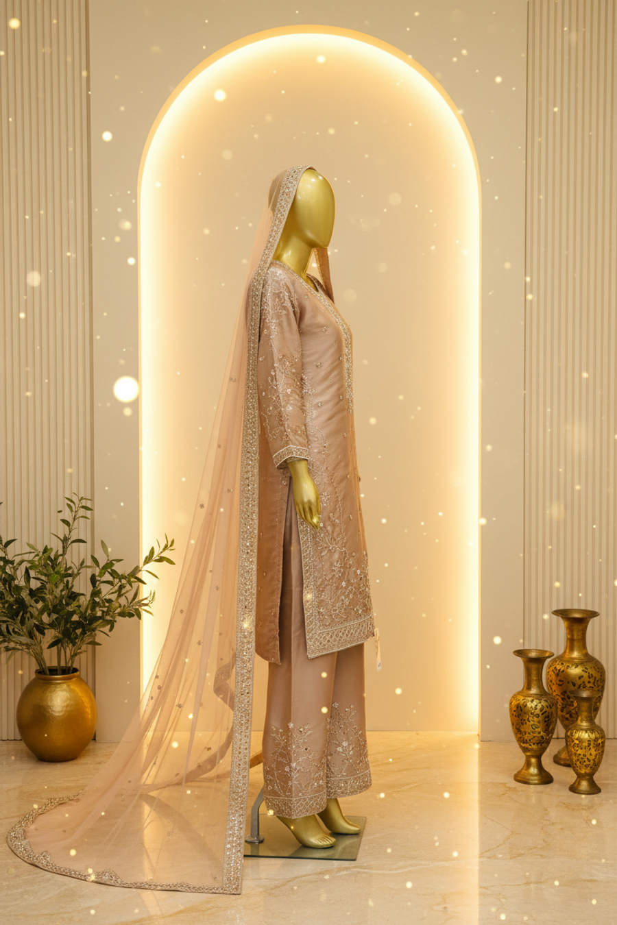 Champagne Rose Gold Silk Organza Bridal Suit | Gold Silver Embroidery with Dupatta — view 2 — Bridal by Bawany Threads & Style