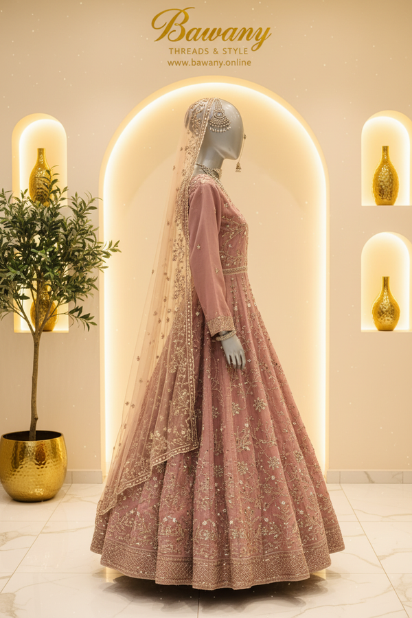 Dusty Rose Bridal Anarkali Gown | Silver Zardozi Star Motifs & Double Border Hem | 2-Piece Pakistani Formal Wear | Mauve Pink Wedding Gown | Walima & Nikah Collection — Tissue by Bawany Threads & Style