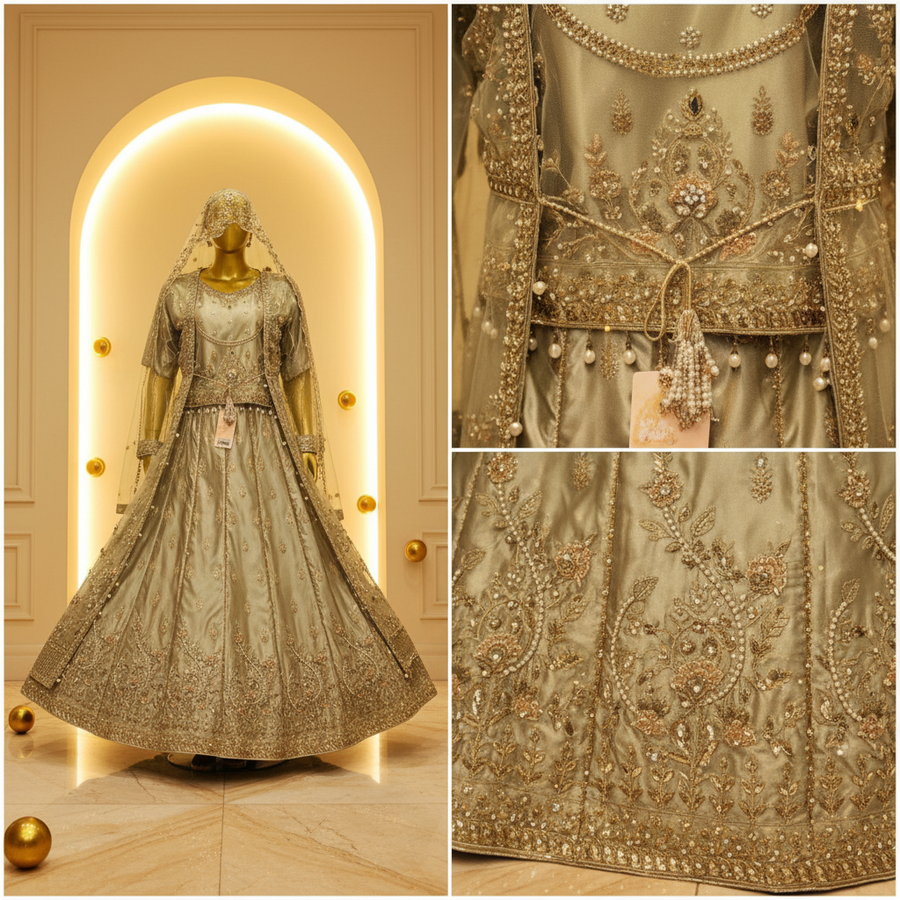Sage Green Pistachio Silk Anarkali Gown | Pearl Booti Net Jacket with Veil — view 2 — Bridal by Bawany Threads & Style