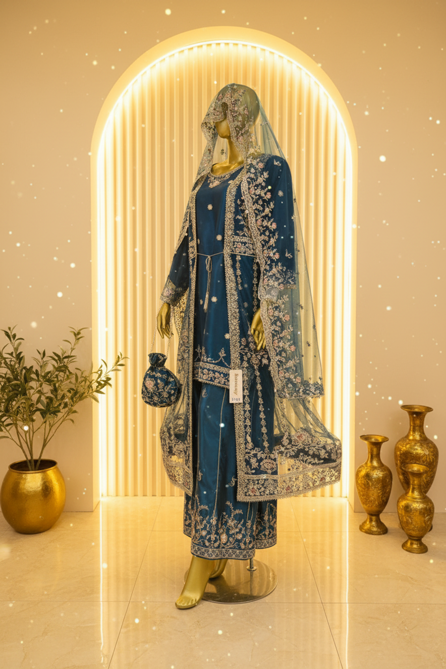 Teal Blue Velvet Gharara Set | Embroidered Net Shrug with Veil & Potli Bag — view 2 — Bridal by Bawany Threads & Style