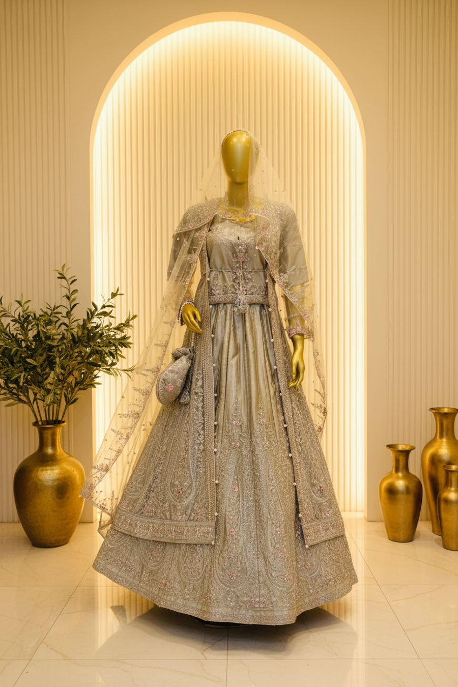 Silver Grey Heavy Embroidered Bridal Lehenga Set | Pink Rose Accents & Champagne Veil — view 4 — Formals by Bawany Threads & Style