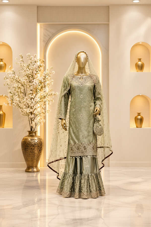 Sage Olive Embroidered Kameez Set | Metallic Pearl Floral Border | 3-Piece Pakistani Formal Suit | Ivory Dupatta & Matching Potli | Formal Collection — Chiffon by Bawany Threads & Style