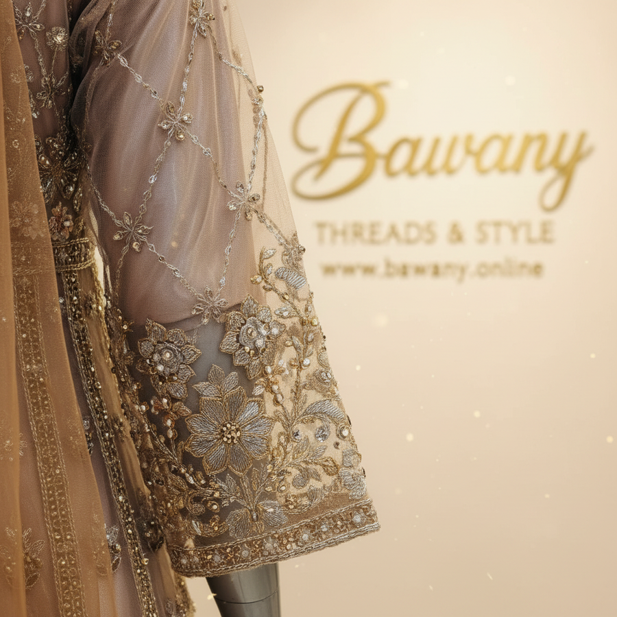 Warm Taupe Bridal Anarkali Gown | Pendant V-Neckline & Pearl Button Placket & Floral Bouquet Skirt | 2-Piece Pakistani Bridal Wear | Mauve Grey Wedding Gown | Dense Zardozi Bodice | Matching Champagne Dupatta | Nikah & Walima Collection — view 3 — Tissue by Bawany Threads & Style