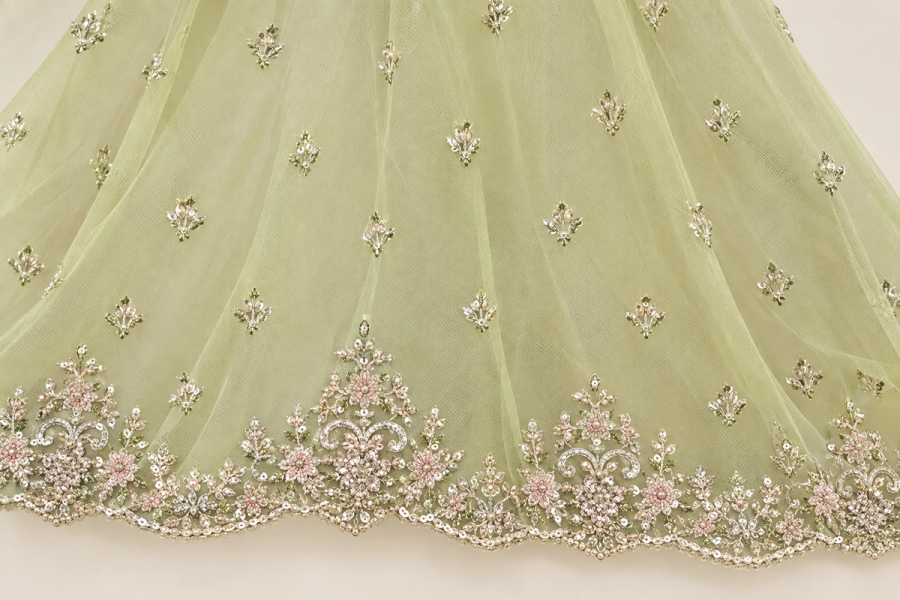 Sage Olive Noor Gown | Metallic Floral Embroidery & Ornate Hem | Long Flared Dress with Sheer Veil & Matching Potli | BAWANY Threads & Style — view 4 — Organza by Bawany Threads & Style