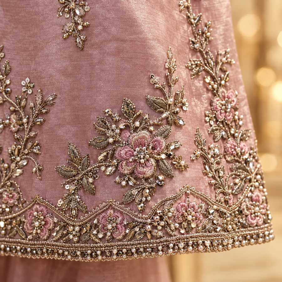 Dusty Mauve Pakistani Suit | Silver-Gold Floral Embroidery | 3 Piece Formal Kameez Trouser Set | Sheer Blush Dupatta | Occasion Collection — view 4 — Organza by Bawany Threads & Style