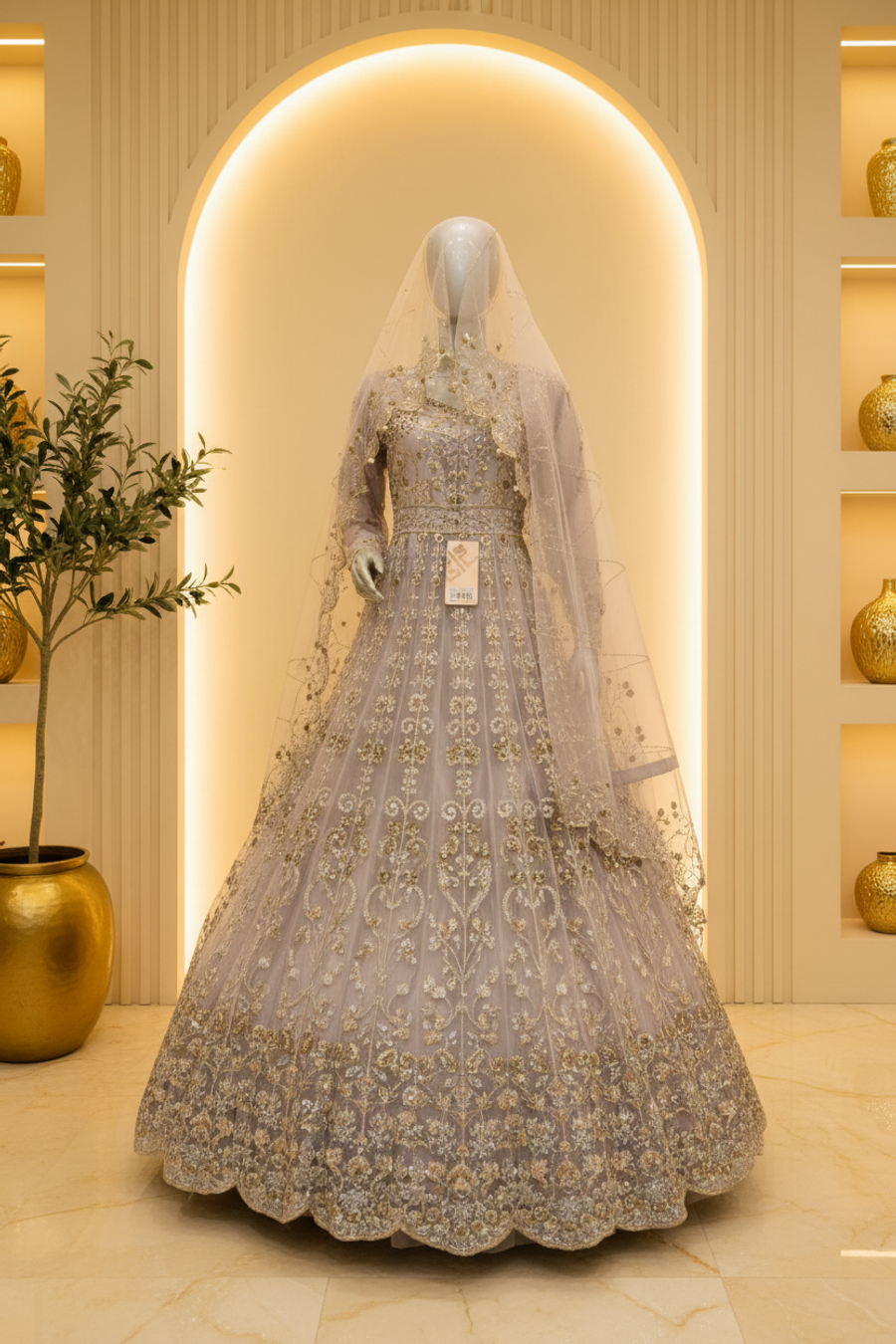 Lavender Lilac Net Anarkali Gown | Silver Gold Floral Vine Embroidery with Veil — Bridal by Bawany Threads & Style