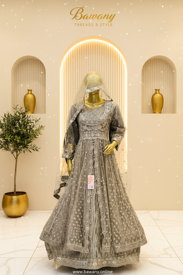 Silver Grey Bridal Anarkali Gown | Daisy Motif Skirt & Tassel Placket & Double Hem Border | 2-Piece Pakistani Bridal Wear | Sage Grey Wedding Gown | Dense Floral Vine Bodice | Matching Grey Dupatta | Walima & Nikah Collection — Formals by Bawany Threads & Style