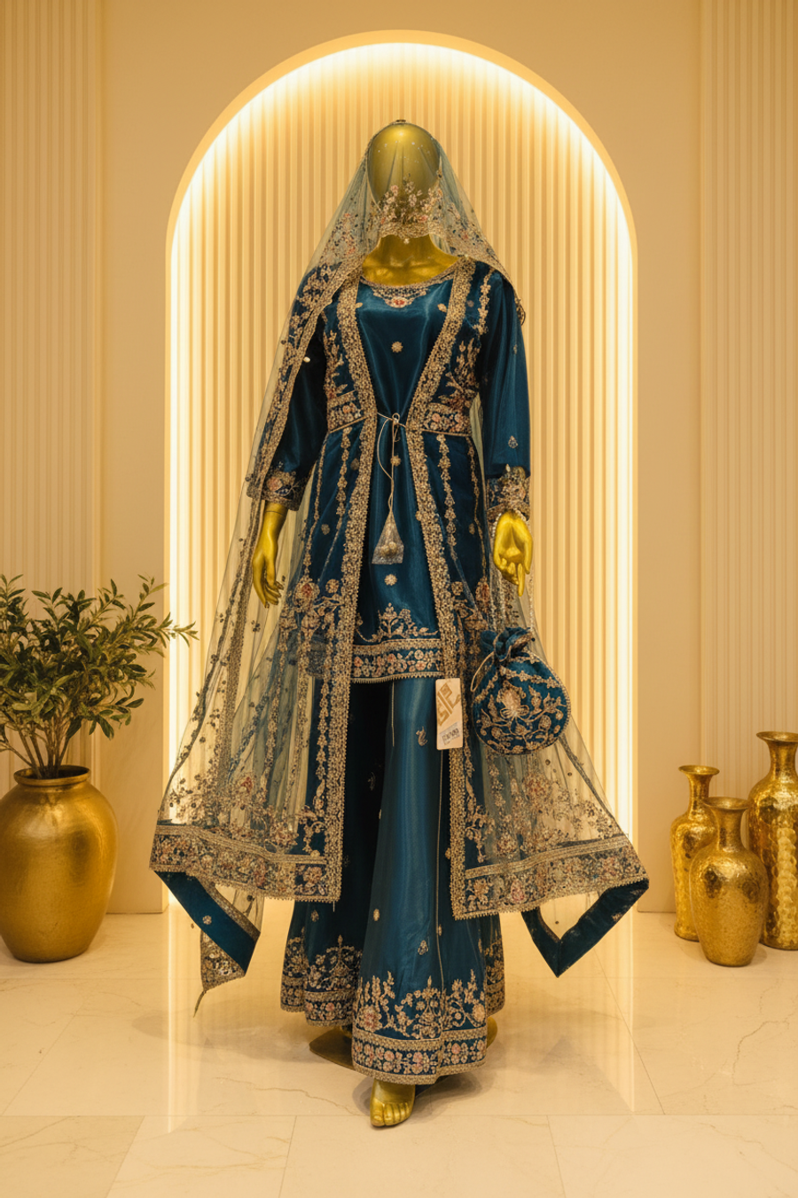 Teal Blue Silk Gold Zardozi Gharara Set | Bridal Gharara with Dupatta & Potli Bag — view 4 — Bridal by Bawany Threads & Style