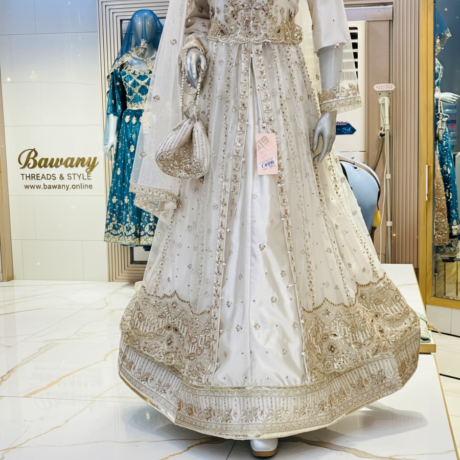 White Bridal Angrakha Lehenga | Dense Silver Zardozi All-Over Bodice & Double Border Hem | 3-Piece Pakistani Formal Wear | Ivory White Wedding Lehenga | Pearl Trim Bell Cuffs | Barat Collection — view 3 — Formals by Bawany Threads & Style