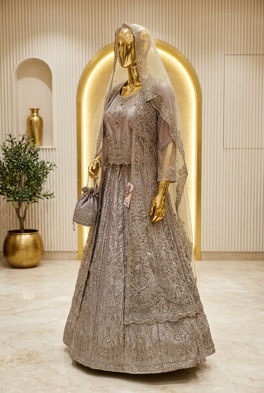 Taupe Grey Royal Bloom | Metallic Floral Overlay & Embroidered Flared Skirt | Pakistani Formal Ensemble | Sheer Veil & Matching Potli | BAWANY Collection — view 4 — Organza by Bawany Threads & Style