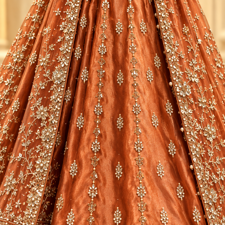 Burnt Copper Bridal Lehenga Set | Gold Embroidered Open-Front Jacket & Pleated Lehenga | Pakistani Wedding Outfit | Sheer Embroidered Dupatta | Bridal Collection — view 3 — Net by Bawany Threads & Style