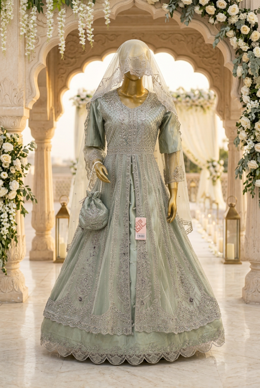 Sage Green Layered Gown | Silver-Tone Floral Embroidery | Pakistani Wedding Wear | Scalloped Hem, Ivory Dupatta & Matching Potli | Wedding Collection — view 2 — Net by Bawany Threads & Style