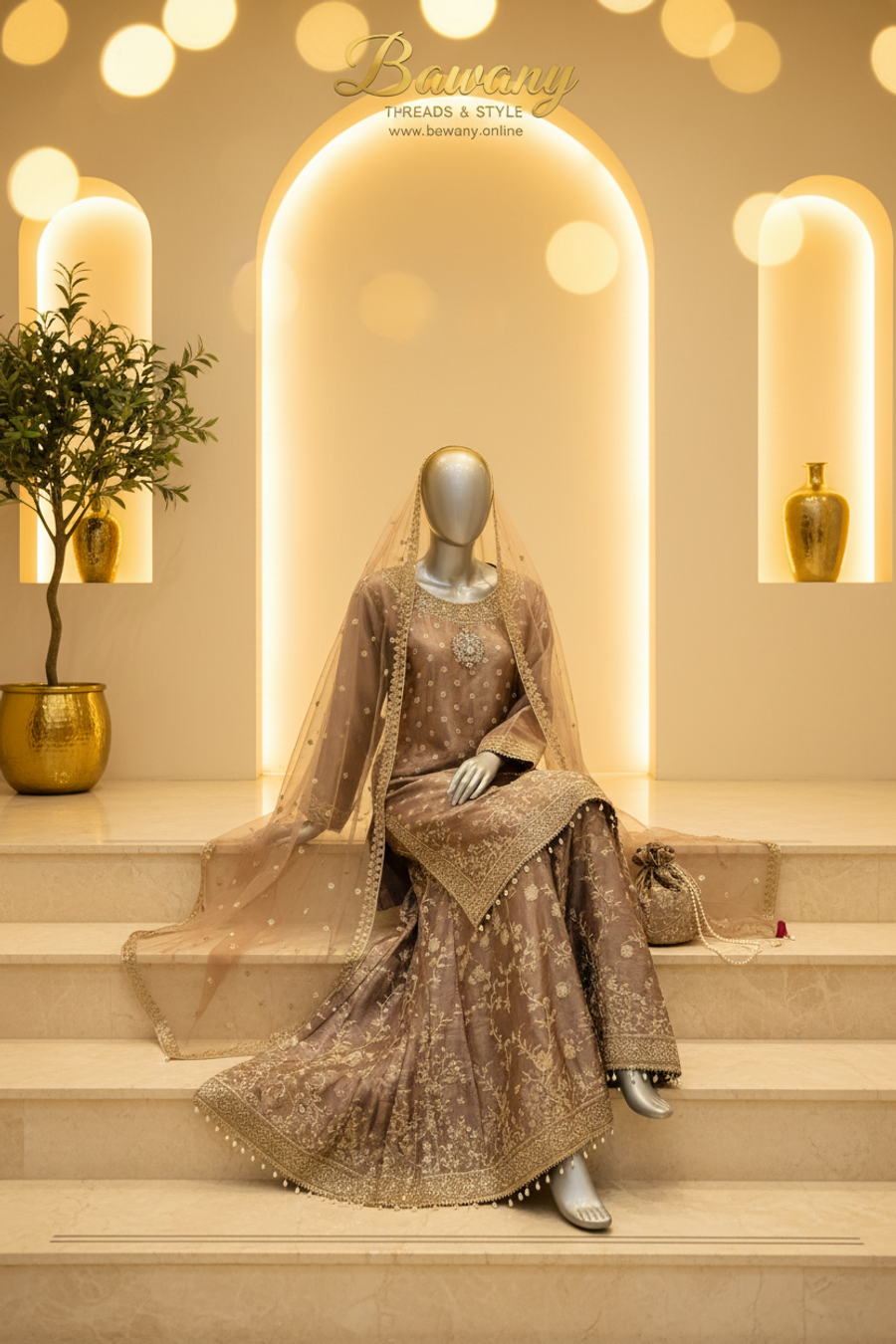 Mink Bridal Gharara Set | Gold Zardozi Rosette Motifs & Pearl Drop Fringe | 3-Piece Pakistani Formal Suit | Taupe Champagne Wedding Wear | Walima & Barat Collection — view 2 — Formals by Bawany Threads & Style